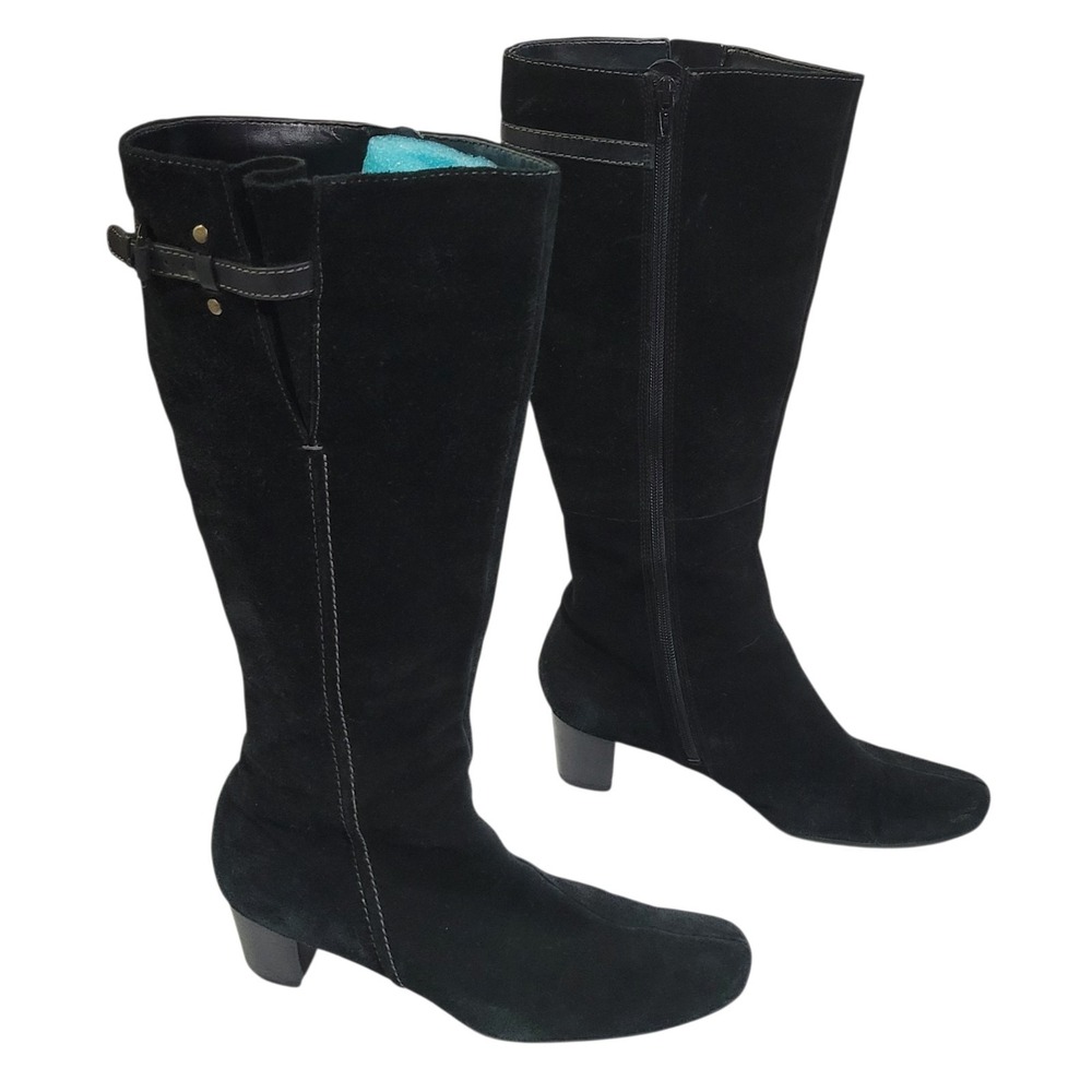Ecco Bremen Suede Riding Boots Womens EU 39 Black Side Zip Tall Heeled Chic